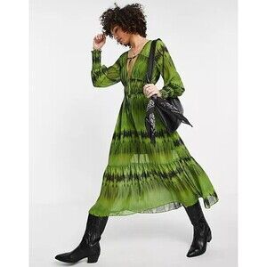 Topshop | Dresses | Topshop Women Dress Green Midi V Neck Sheer Tie Dye  Long Dress Size 8 New | Poshmark